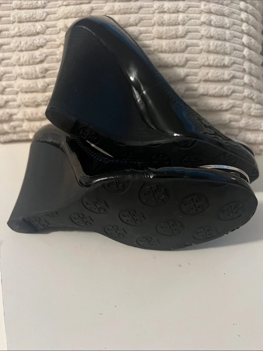 Tory Burch Black Patent Wedges with Silver Logo Medallions